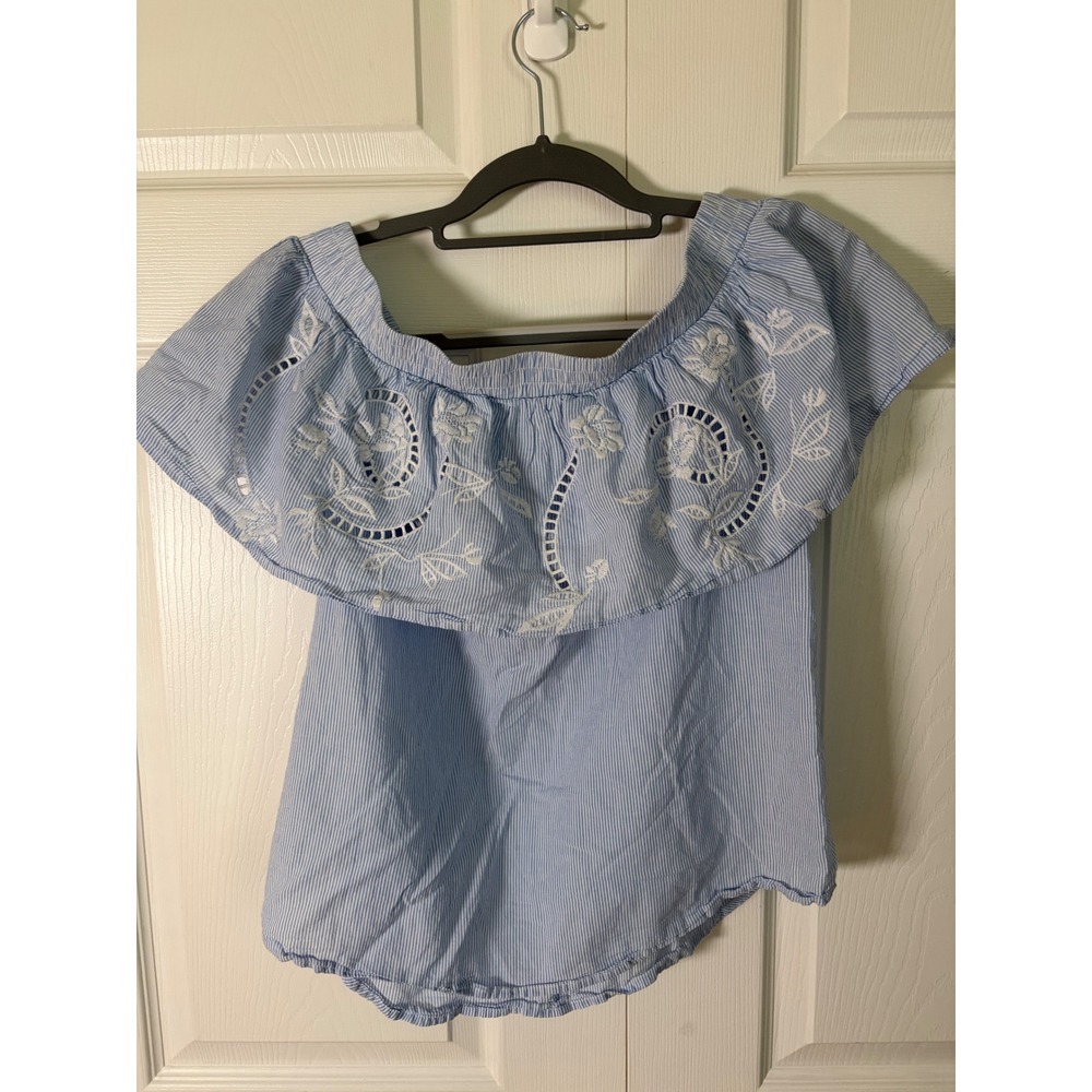 a.n.a A New Approach Blue White Striped Off Shoulder Embroidered Eyelet Top S